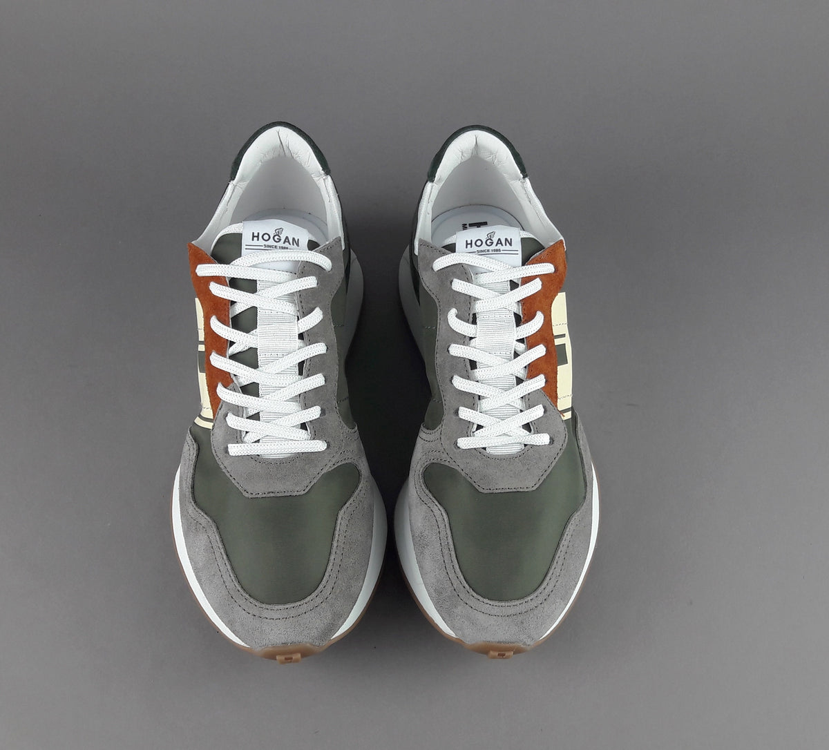 Hogan Sneakers H601 Uomo Camoscio Tela Grigio Chiaro Verde Mil H Gommata Stampata