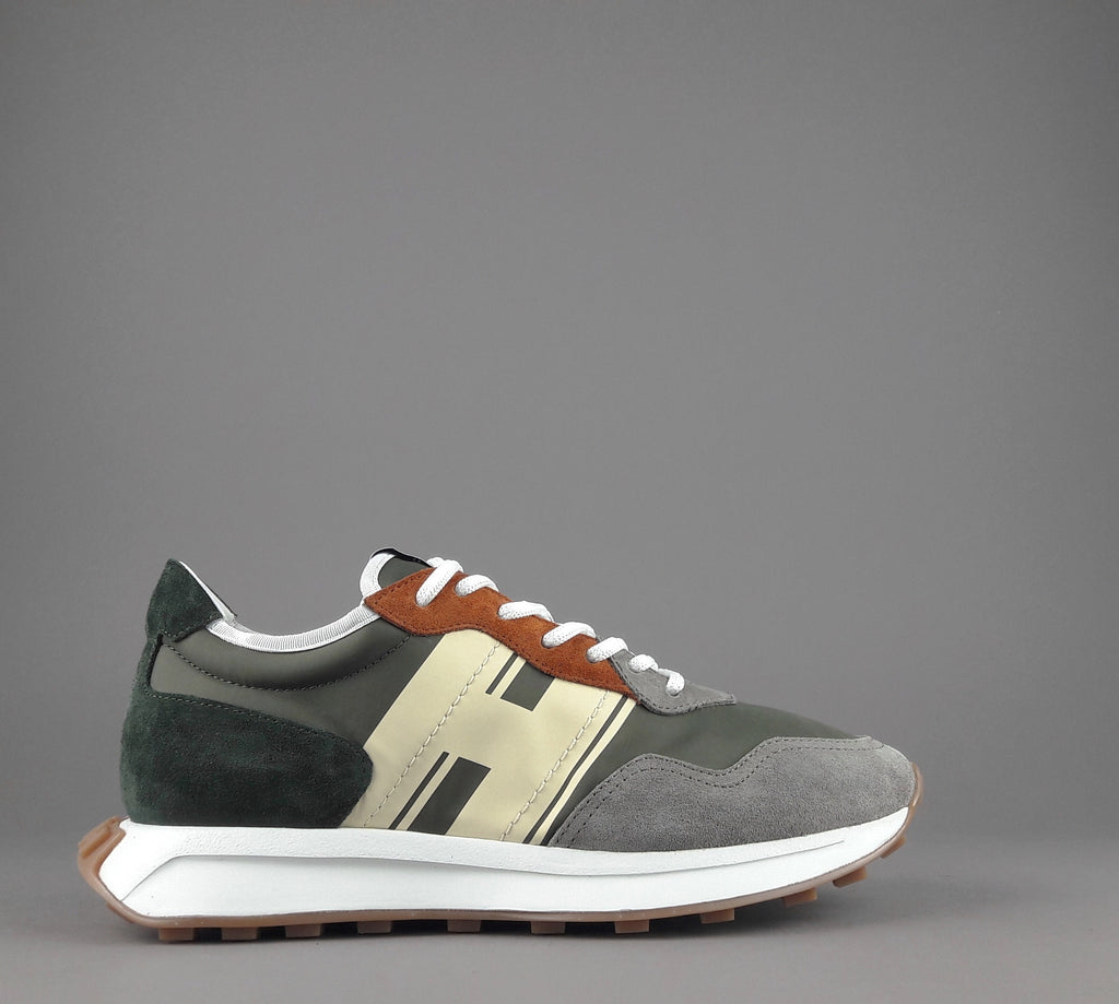 Hogan Sneakers H601 Uomo Camoscio Tela Grigio Chiaro Verde Mil H Gommata Stampata