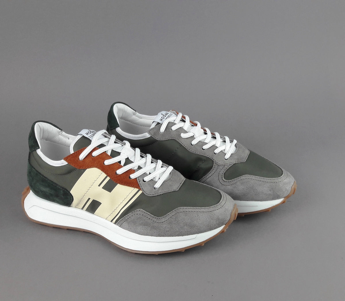Hogan Sneakers H601 Uomo Camoscio Tela Grigio Chiaro Verde Mil H Gommata Stampata