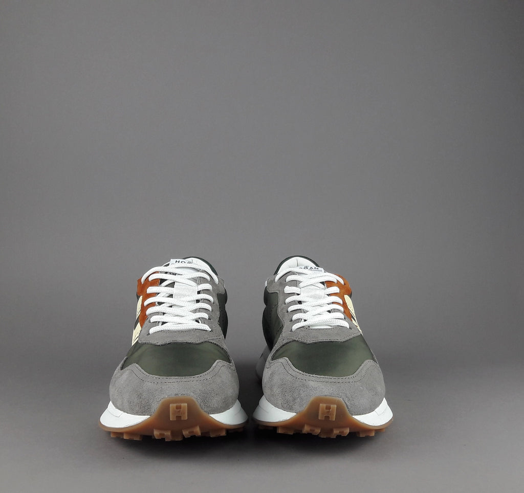Hogan Sneakers H601 Uomo Camoscio Tela Grigio Chiaro Verde Mil H Gommata Stampata