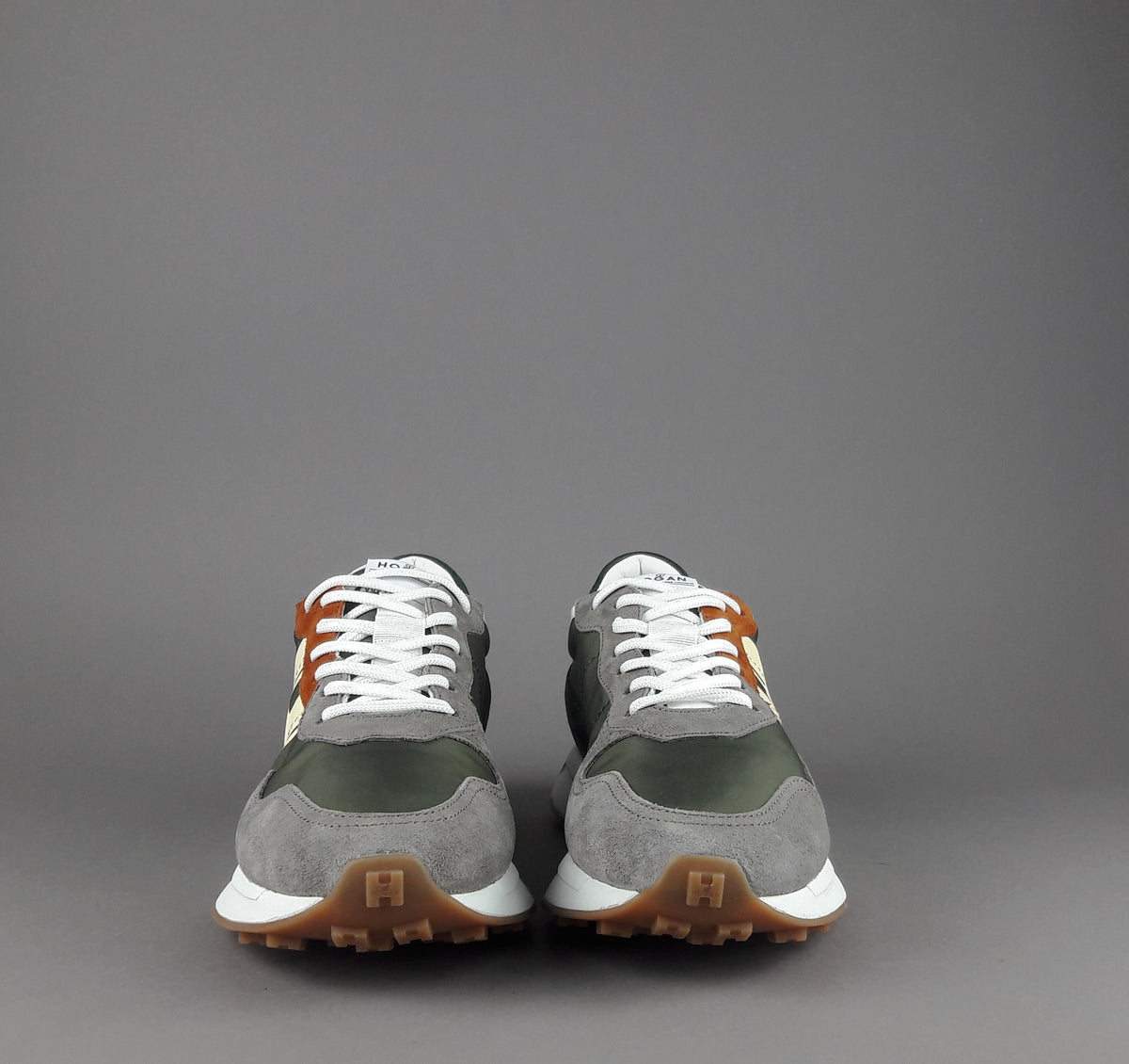 Hogan Sneakers H601 Uomo Camoscio Tela Grigio Chiaro Verde Mil H Gommata Stampata