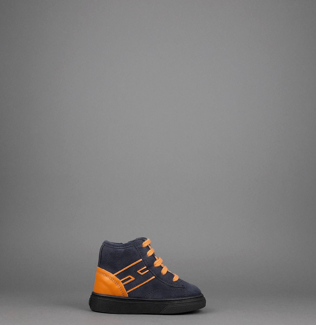 Hogan Sneakers Hi Top J340 Junior Baby Camoscio Blu Scuro H Suede Blu Scuro Profilo Arancio