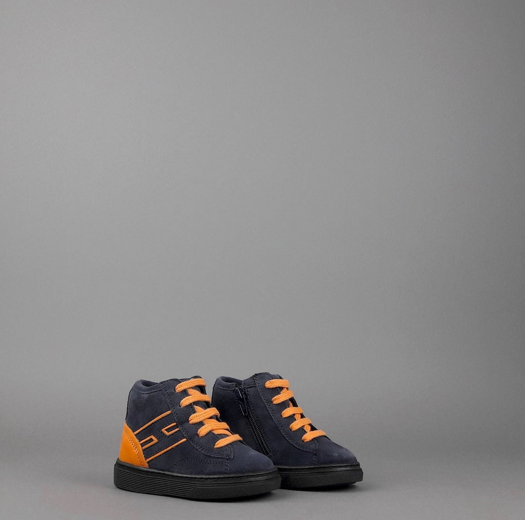 Hogan Sneakers Hi Top J340 Junior Baby Camoscio Blu Scuro H Suede Blu Scuro Profilo Arancio