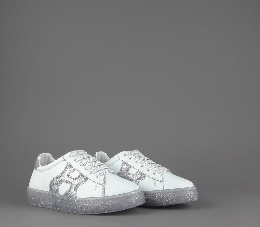 Hogan Sneakers J582 Junior Pelle Bianco H Onda Glitter