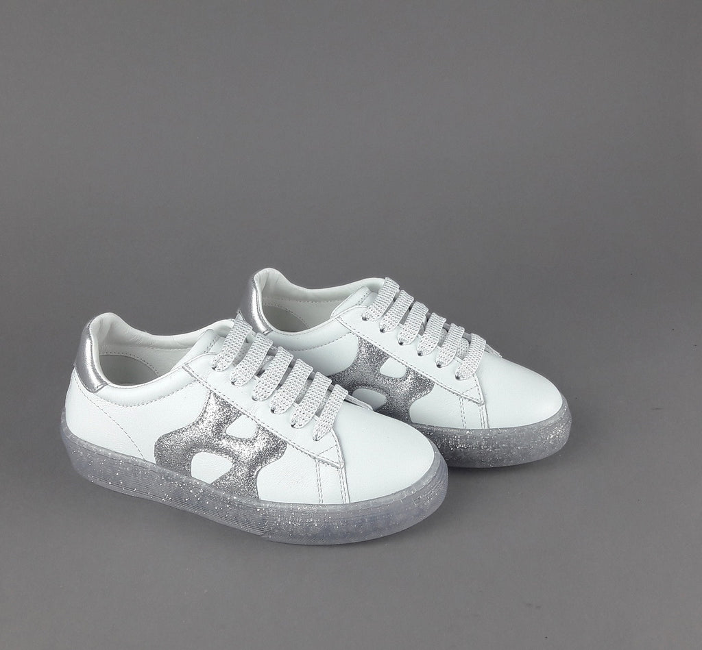 Hogan Sneakers J582 Junior Pelle Bianco H Onda Glitter