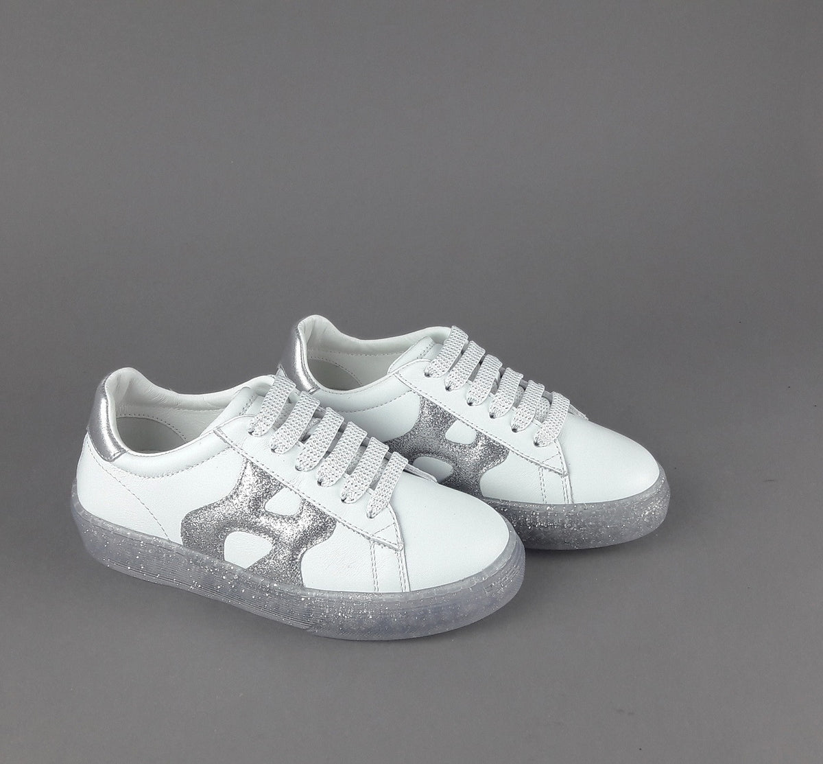 Hogan Sneakers J582 Junior Pelle Bianco H Onda Glitter