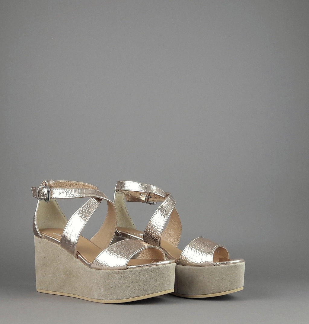 Janet Sport Sandalo Donna Noto Pelle Stampa Cocco Oro Platino