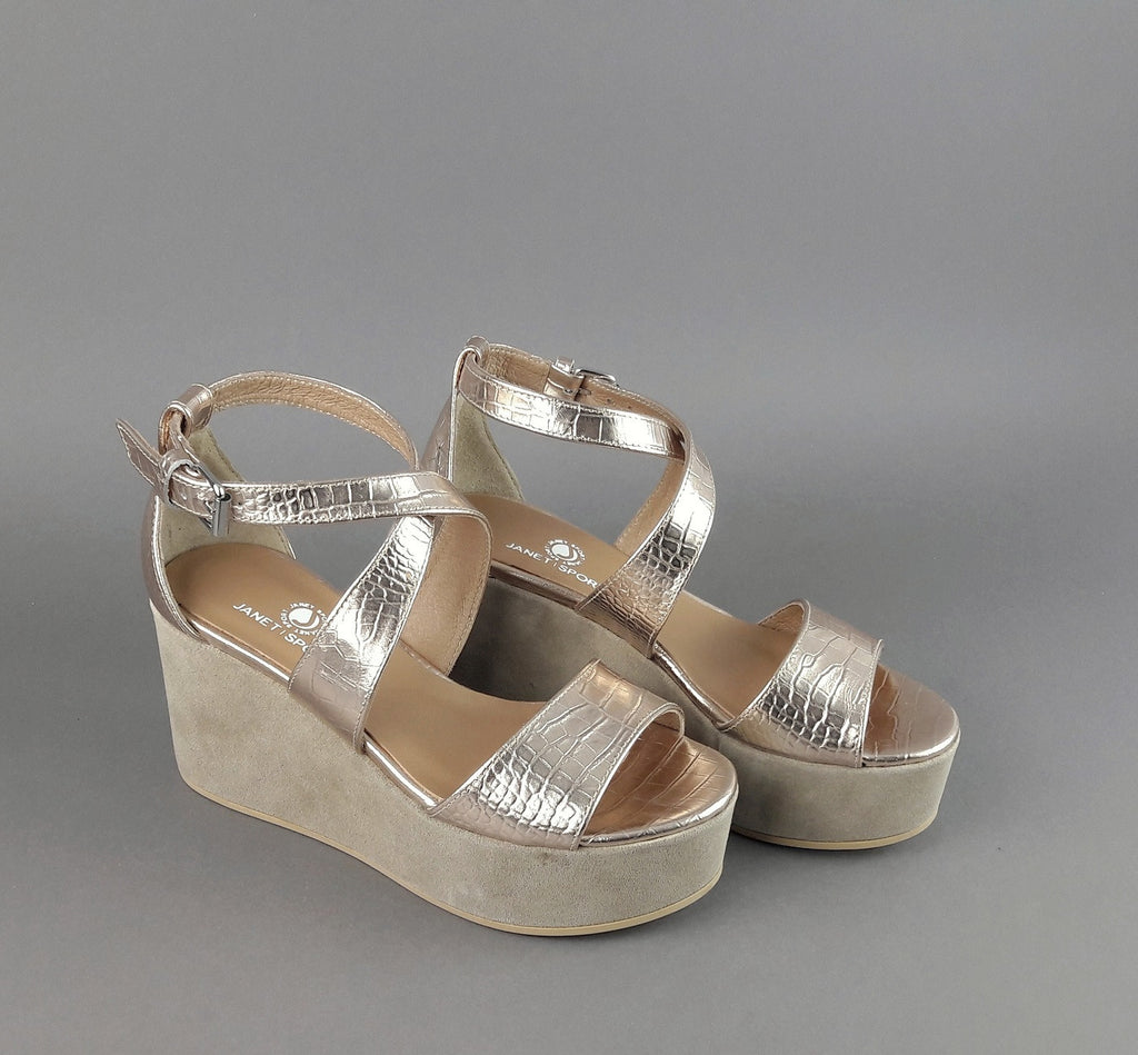 Janet Sport Sandalo Donna Noto Pelle Stampa Cocco Oro Platino