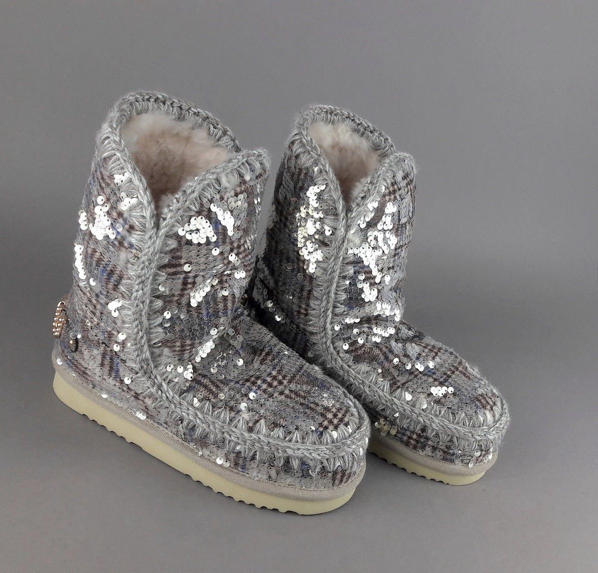 Mou Eskimo 24 Donna Montone Double-Face Tartan Marrone Beige Pailettes