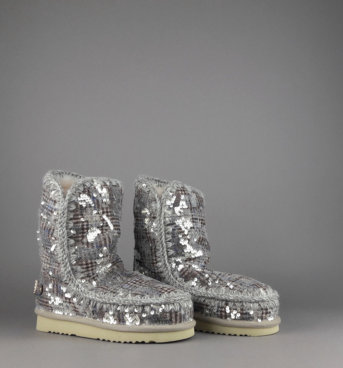 Mou Eskimo 24 Donna Montone Double-Face Tartan Marrone Beige Pailettes