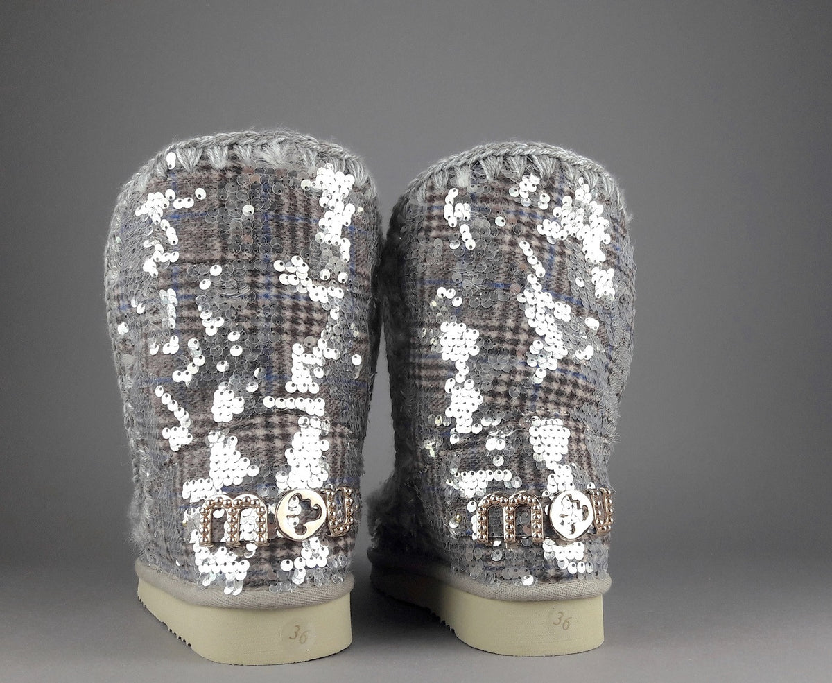 Mou Eskimo 24 Donna Montone Double-Face Tartan Marrone Beige Pailettes