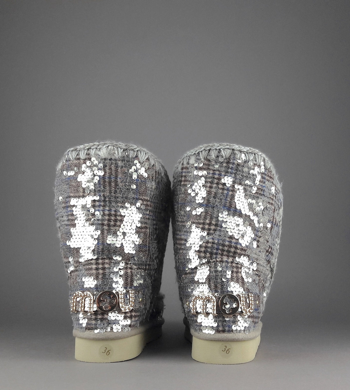 Mou Eskimo 24 Donna Montone Double-Face Tartan Marrone Beige Pailettes