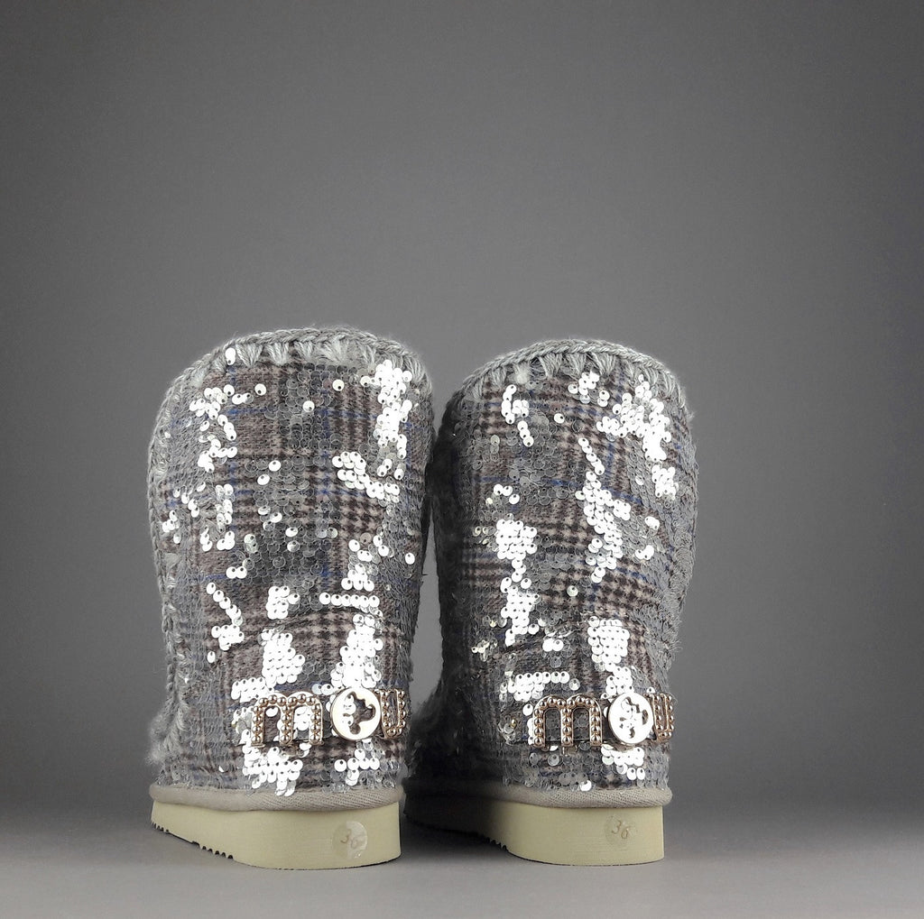 Mou Eskimo 24 Donna Montone Double-Face Tartan Marrone Beige Pailettes