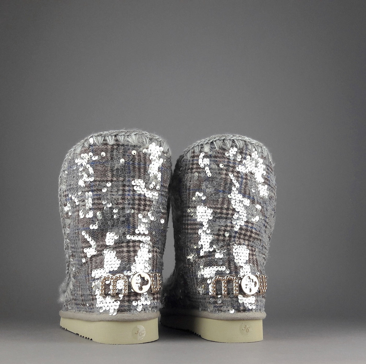 Mou Eskimo 24 Donna Montone Double-Face Tartan Marrone Beige Pailettes