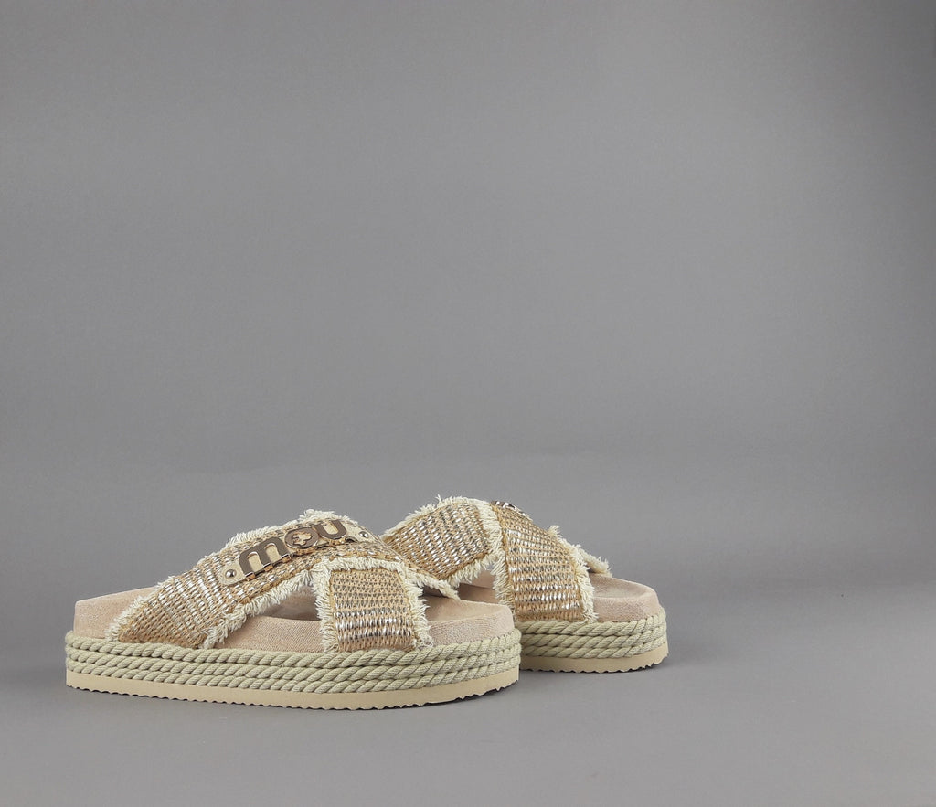 Mou Sandalo Criss-Cross Donna Rafia Beige Oro