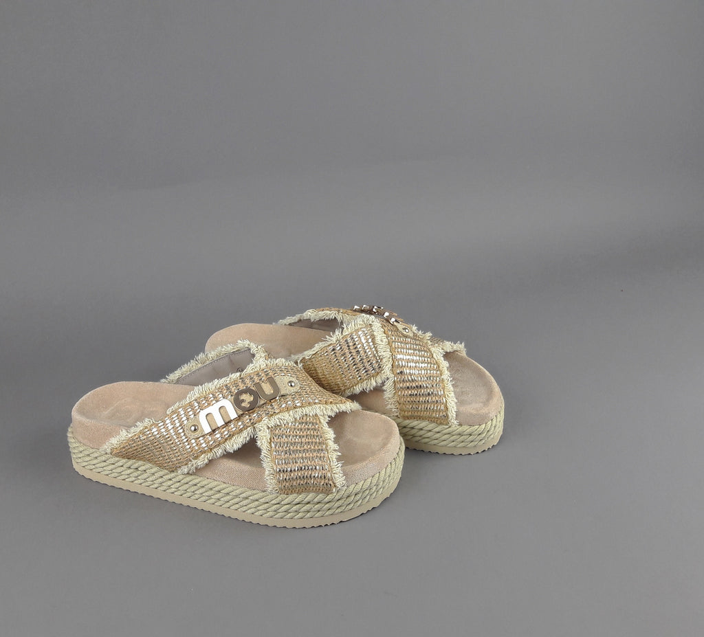 Mou Sandalo Criss-Cross Donna Rafia Beige Oro