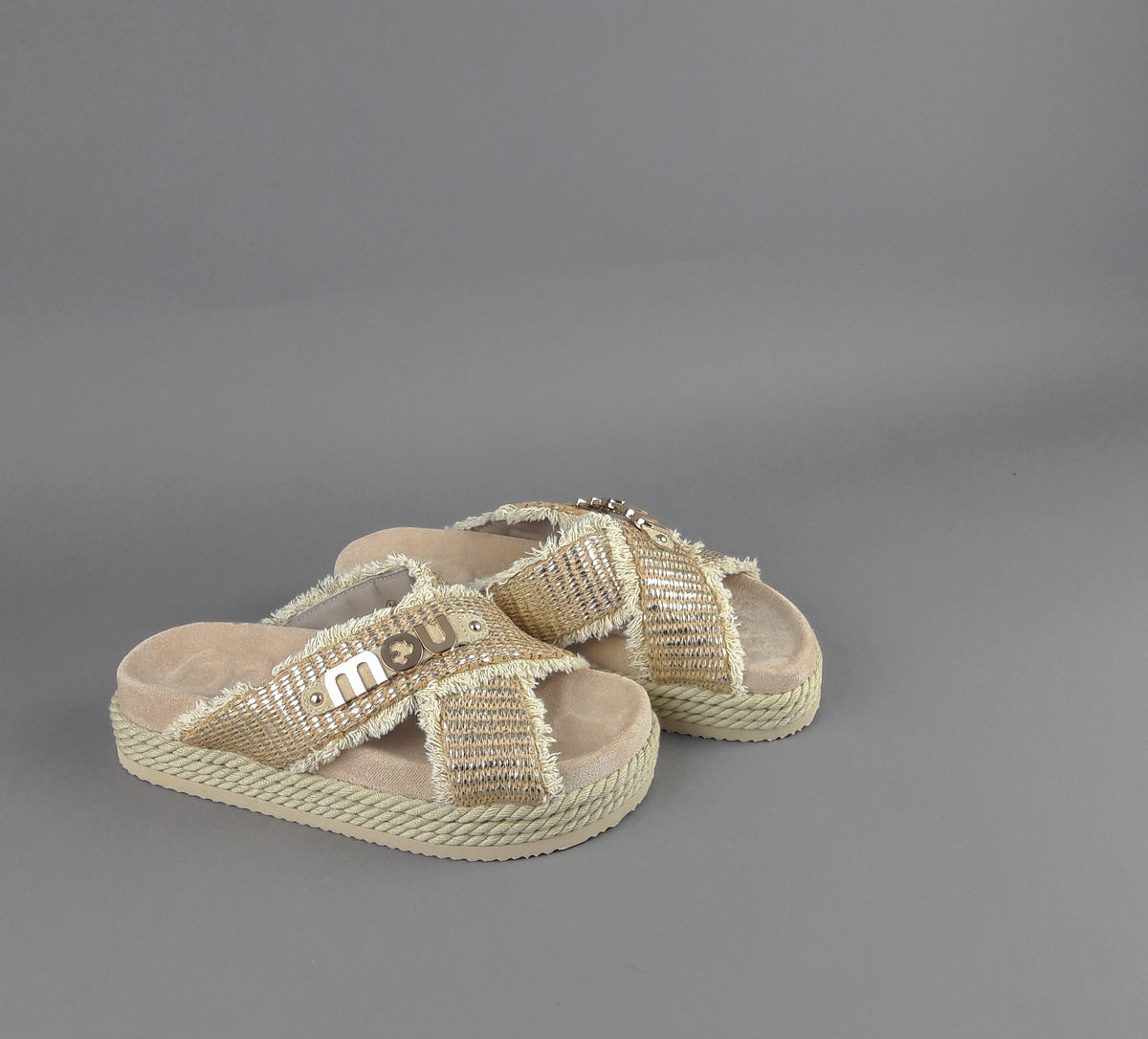 Mou Sandalo Criss-Cross Donna Rafia Beige Oro