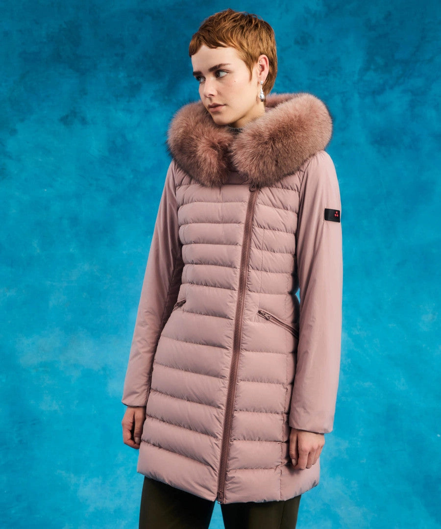 Peuterey Piumino Donna Slim Seriola Tessuto Tecnico Rosa Antico Cappuccio Pelliccia