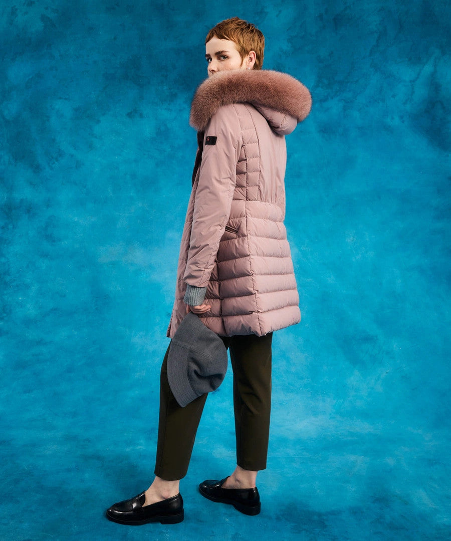 Peuterey Piumino Donna Slim Seriola Tessuto Tecnico Rosa Antico Cappuccio Pelliccia