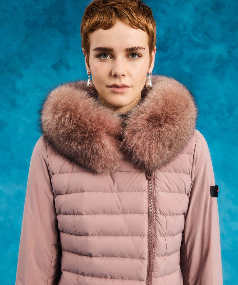 Peuterey Piumino Donna Slim Seriola Tessuto Tecnico Rosa Antico Cappuccio Pelliccia