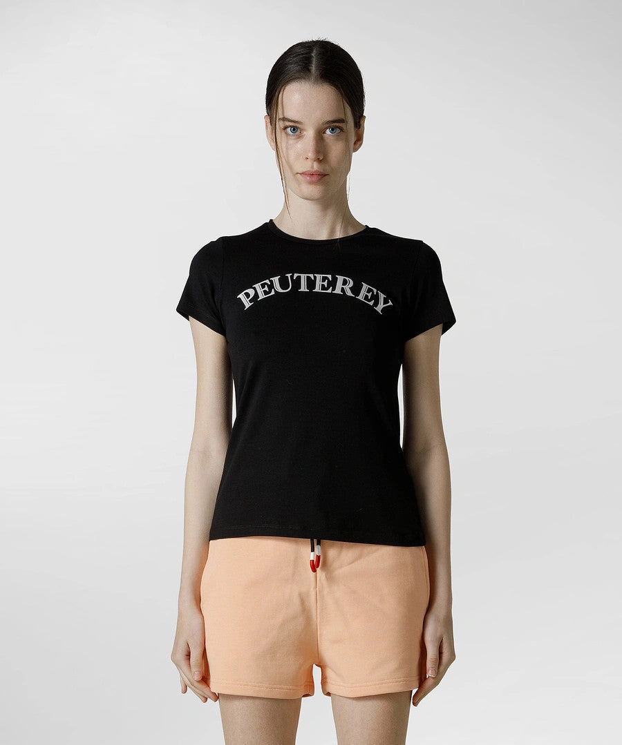 Peuterey T-Shirt Donna Jersey Di Cotone Stretch Nero Stampa Metal Lettering