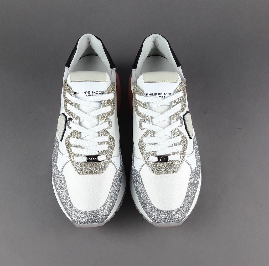 Philippe Model Sneakers Donna La Rue Glitter E Tela Bianco Argento Oro Rosa Antico