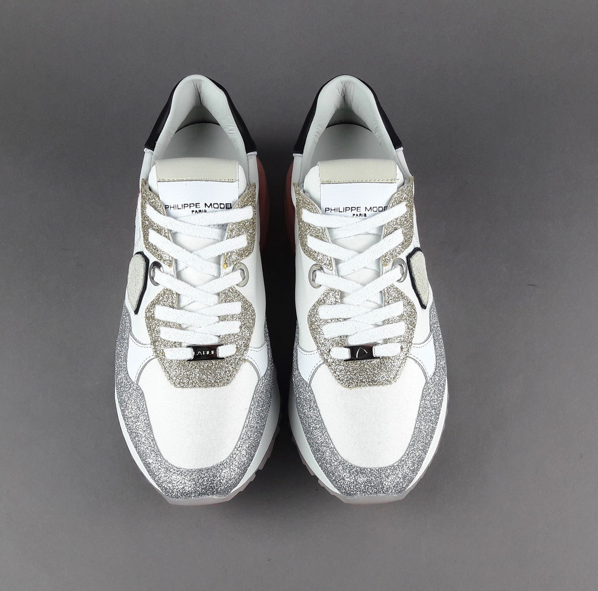 Philippe Model Sneakers Donna La Rue Glitter E Tela Bianco Argento Oro Rosa Antico