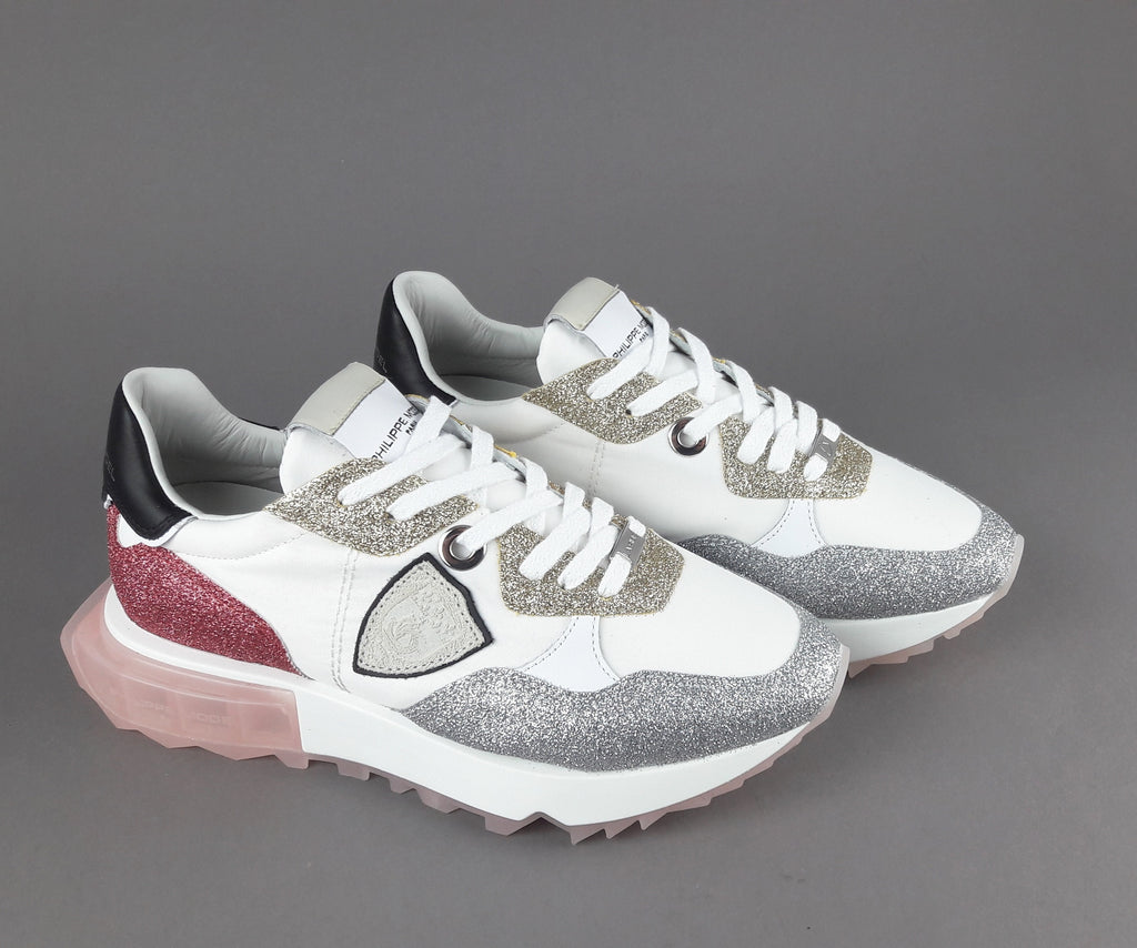 Philippe Model Sneakers Donna La Rue Glitter E Tela Bianco Argento Oro Rosa Antico