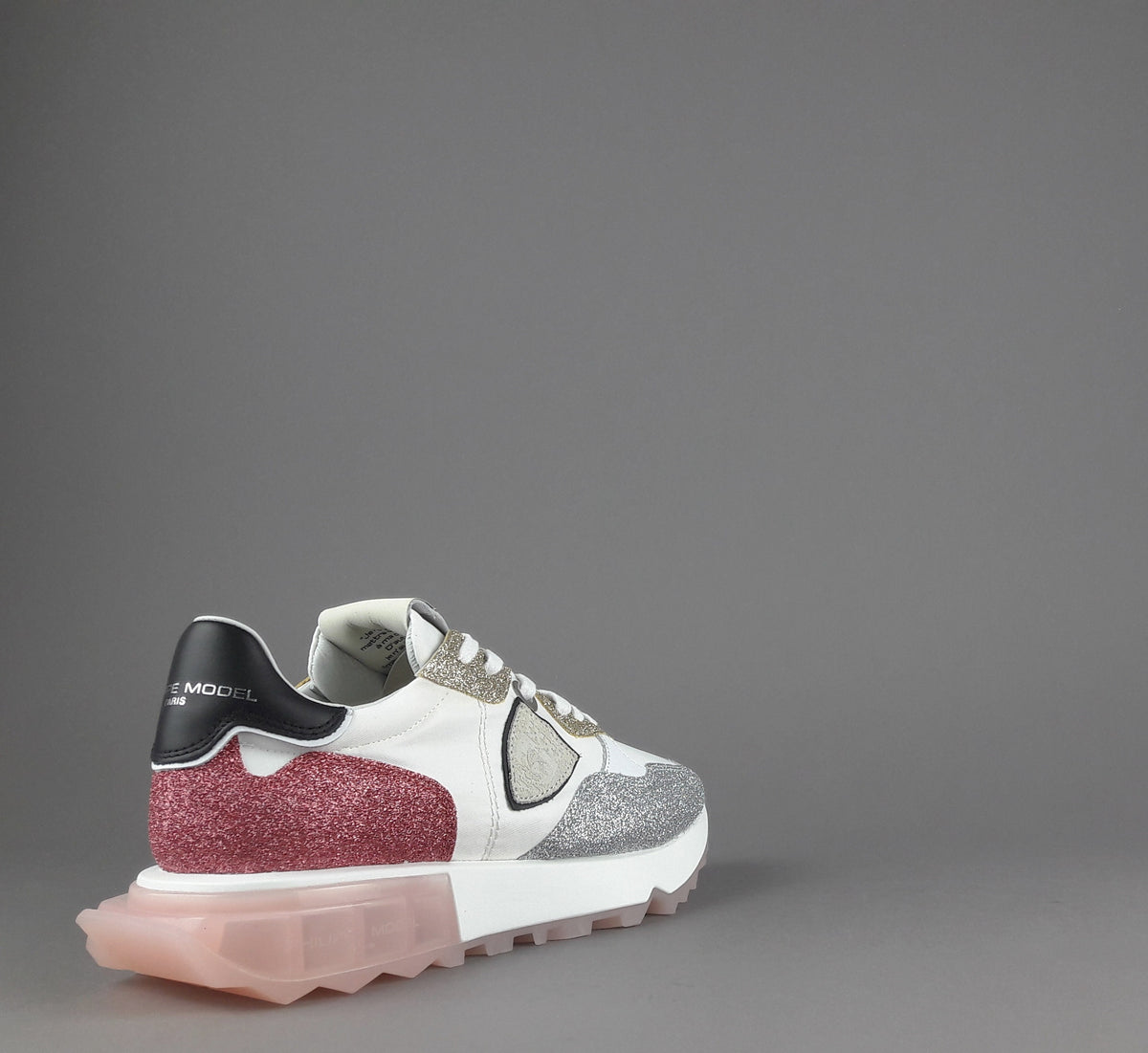 Philippe Model Sneakers Donna La Rue Glitter E Tela Bianco Argento Oro Rosa Antico
