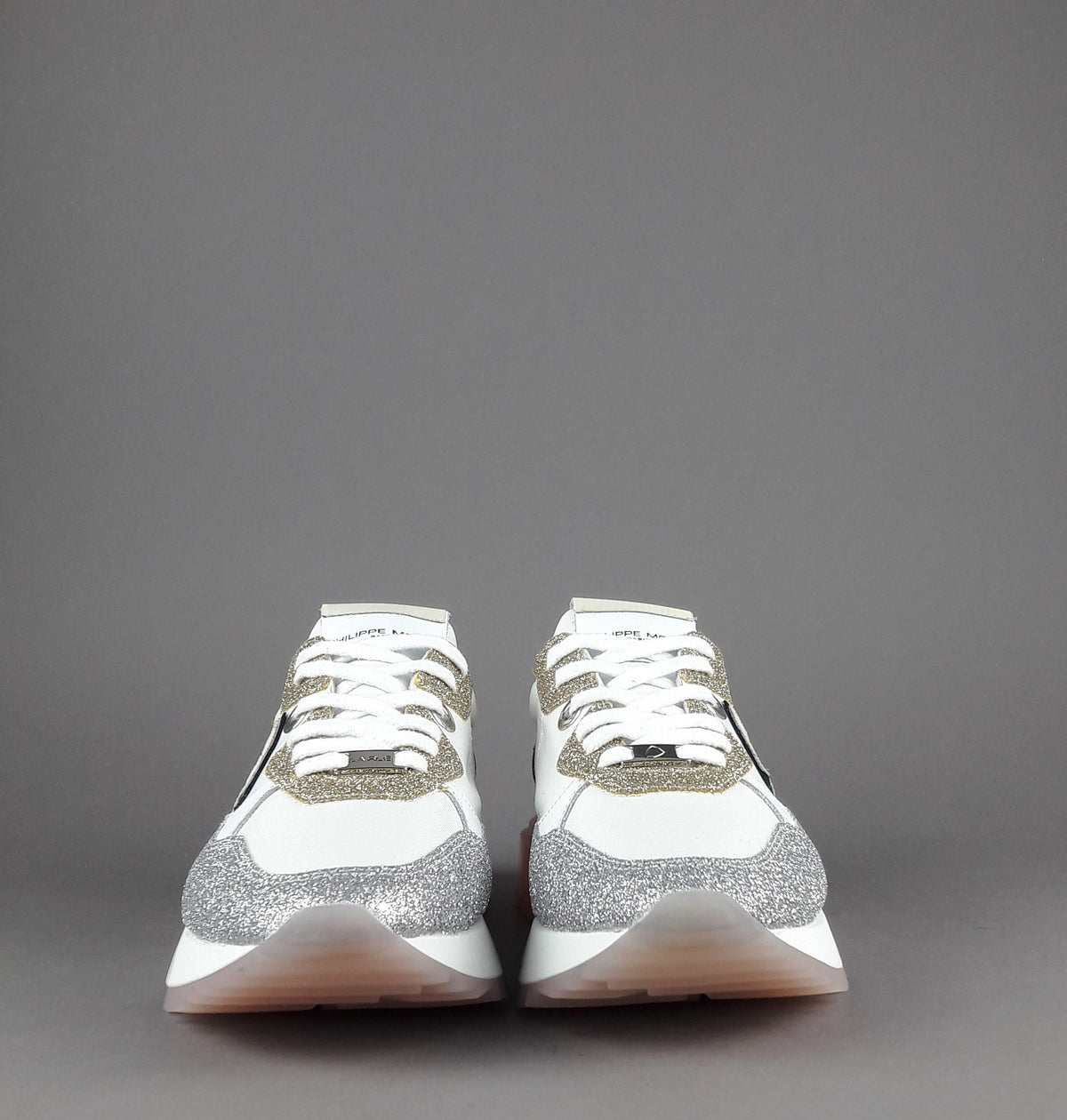 Philippe Model Sneakers Donna La Rue Glitter E Tela Bianco Argento Oro Rosa Antico