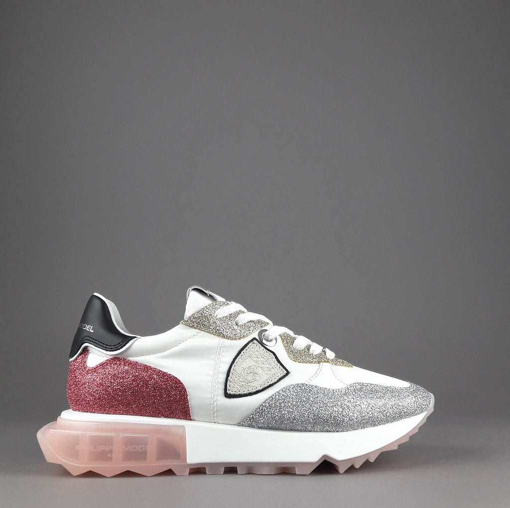 Philippe Model Sneakers Donna La Rue Glitter E Tela Bianco Argento Oro Rosa Antico