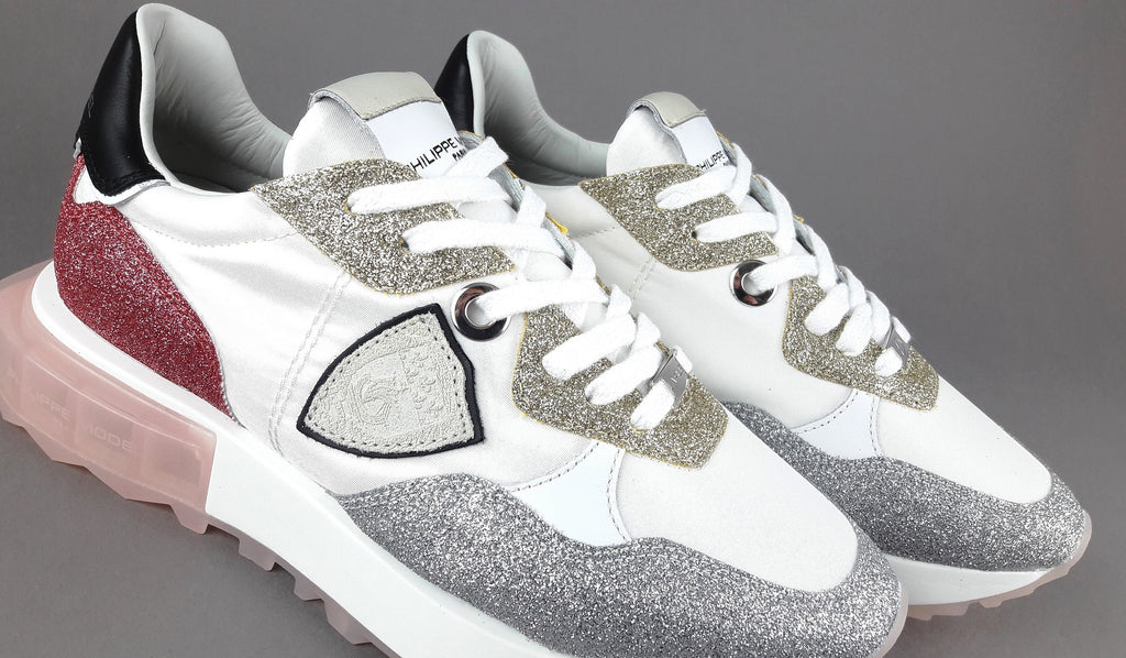 Philippe Model Sneakers Donna La Rue Glitter E Tela Bianco Argento Oro Rosa Antico