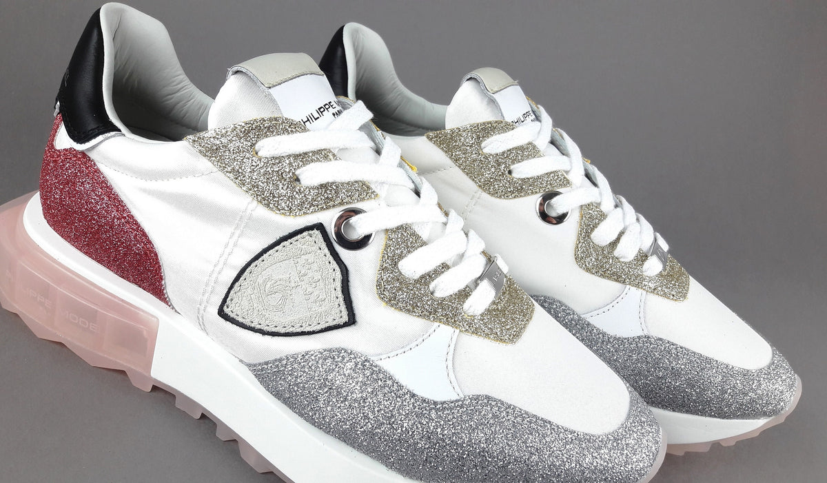 Philippe Model Sneakers Donna La Rue Glitter E Tela Bianco Argento Oro Rosa Antico