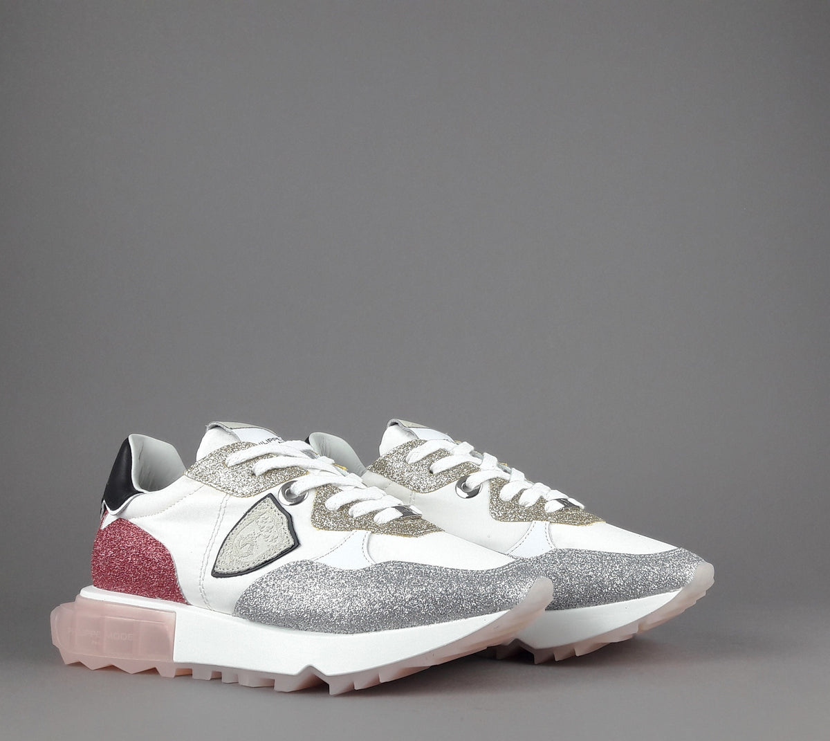 Philippe Model Sneakers Donna La Rue Glitter E Tela Bianco Argento Oro Rosa Antico