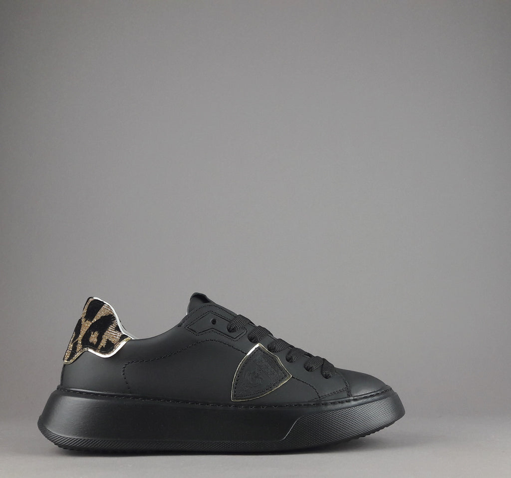 Philippe Model Sneakers Donna New Temple Pelle Nero Spoiler Tessuto Lurex Animalier Oro