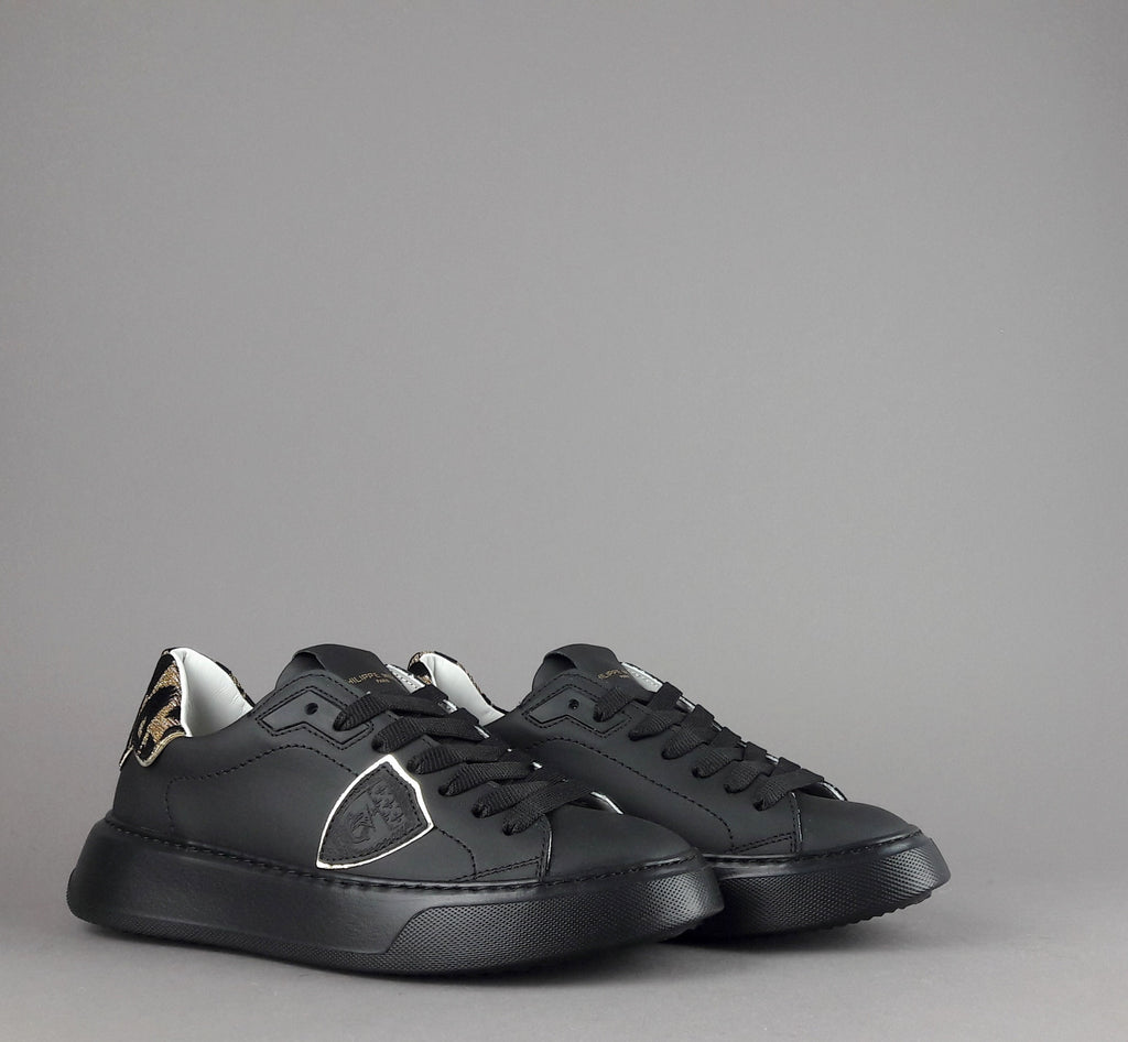 Philippe Model Sneakers Donna New Temple Pelle Nero Spoiler Tessuto Lurex Animalier Oro