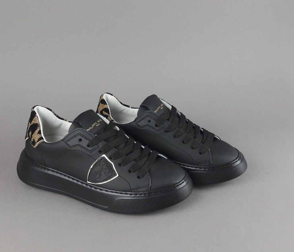 Philippe Model Sneakers Donna New Temple Pelle Nero Spoiler Tessuto Lurex Animalier Oro