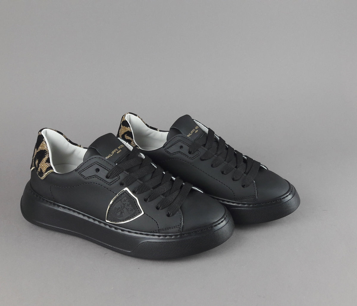 Philippe Model Sneakers Donna New Temple Pelle Nero Spoiler Tessuto Lurex Animalier Oro
