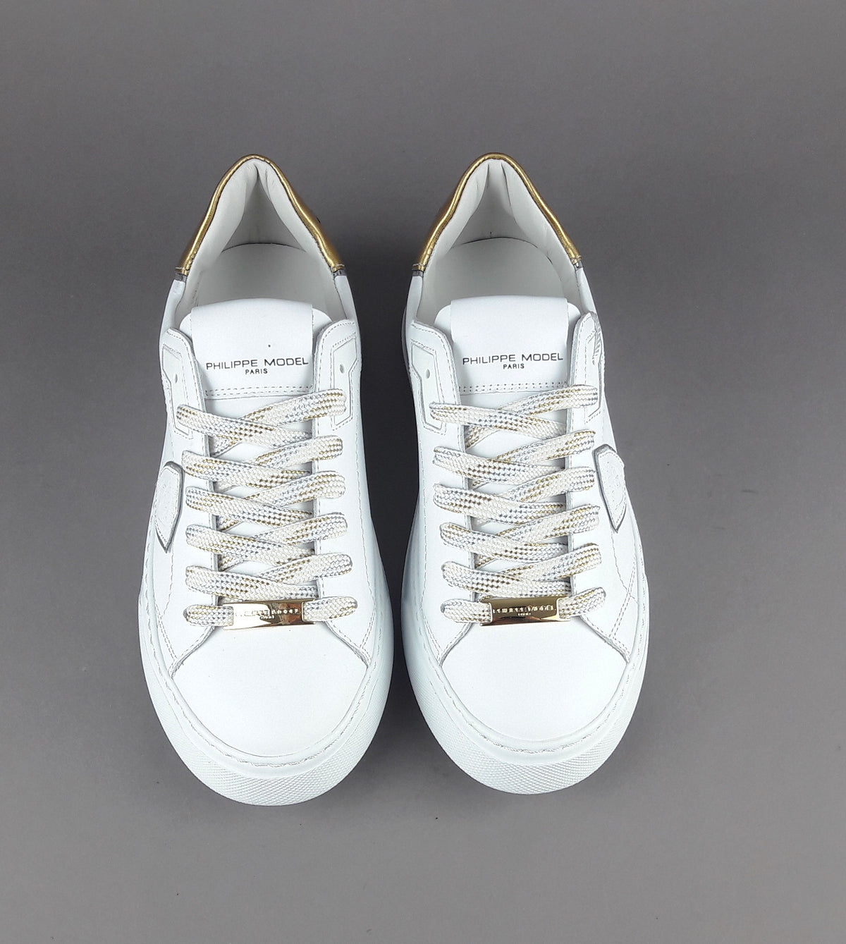 Philippe Model Sneakers Donna New Temple Pelle Bianco Spoiler Vernice Oro