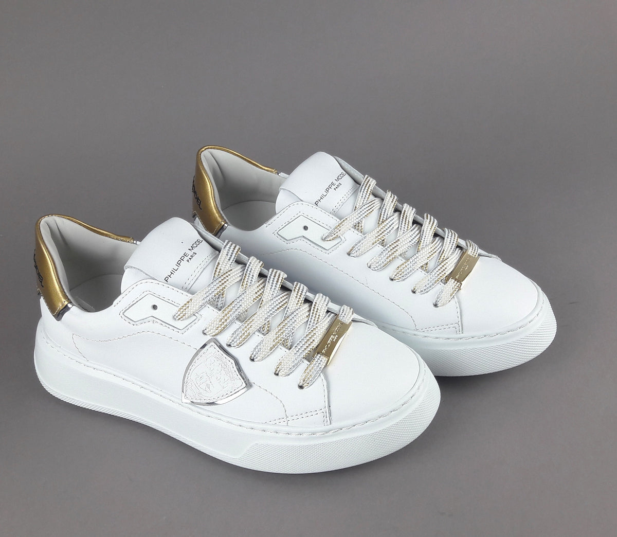 Philippe Model Sneakers Donna New Temple Pelle Bianco Spoiler Vernice Oro