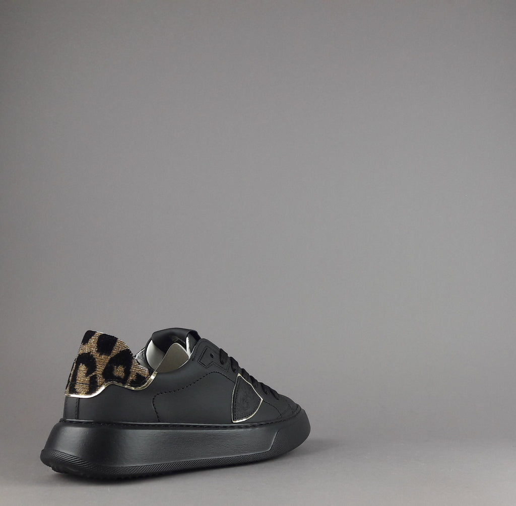 Philippe Model Sneakers Donna New Temple Pelle Nero Spoiler Tessuto Lurex Animalier Oro