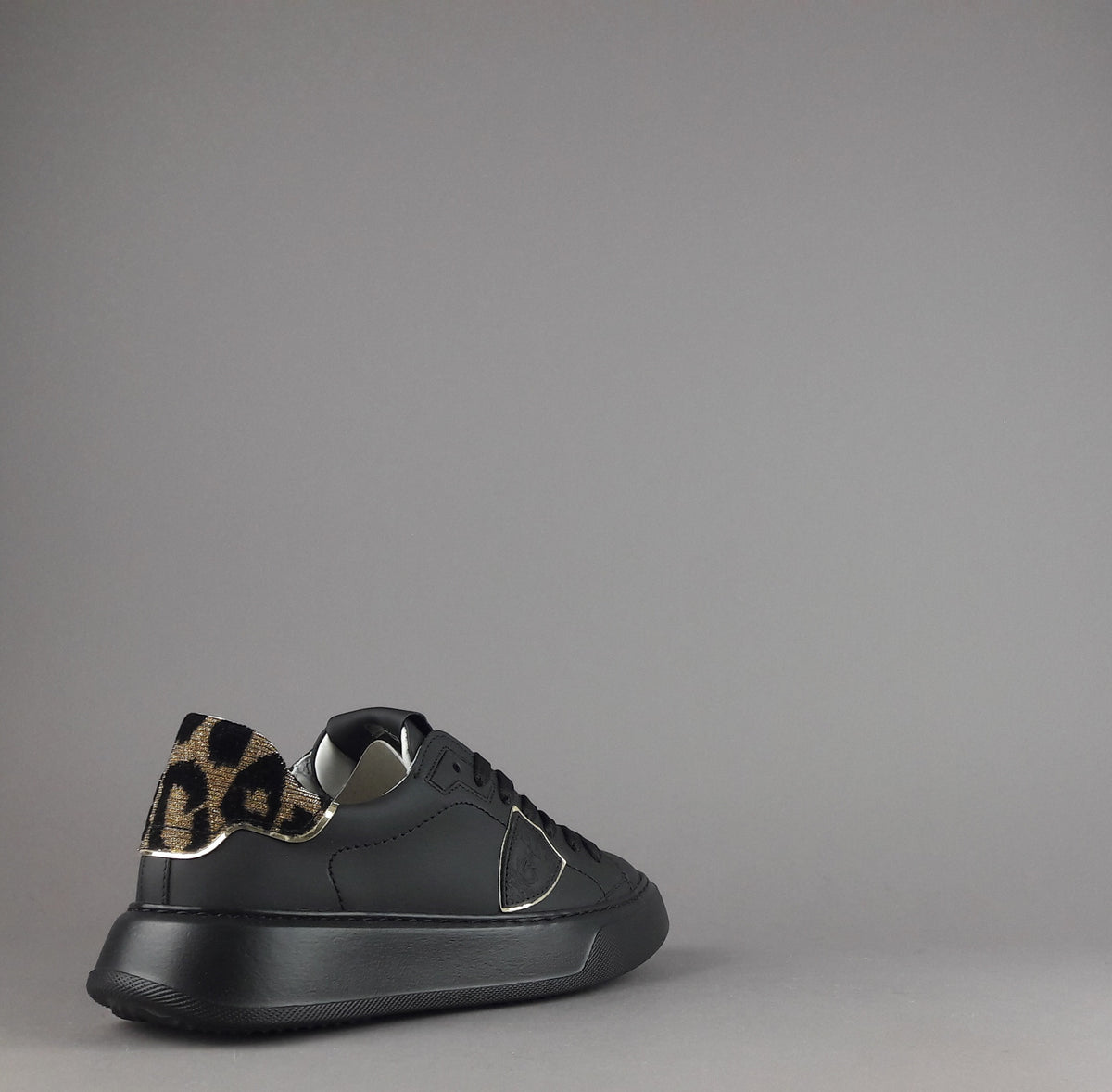 Philippe Model Sneakers Donna New Temple Pelle Nero Spoiler Tessuto Lurex Animalier Oro