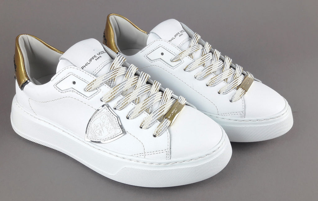 Philippe Model Sneakers Donna New Temple Pelle Bianco Spoiler Vernice Oro