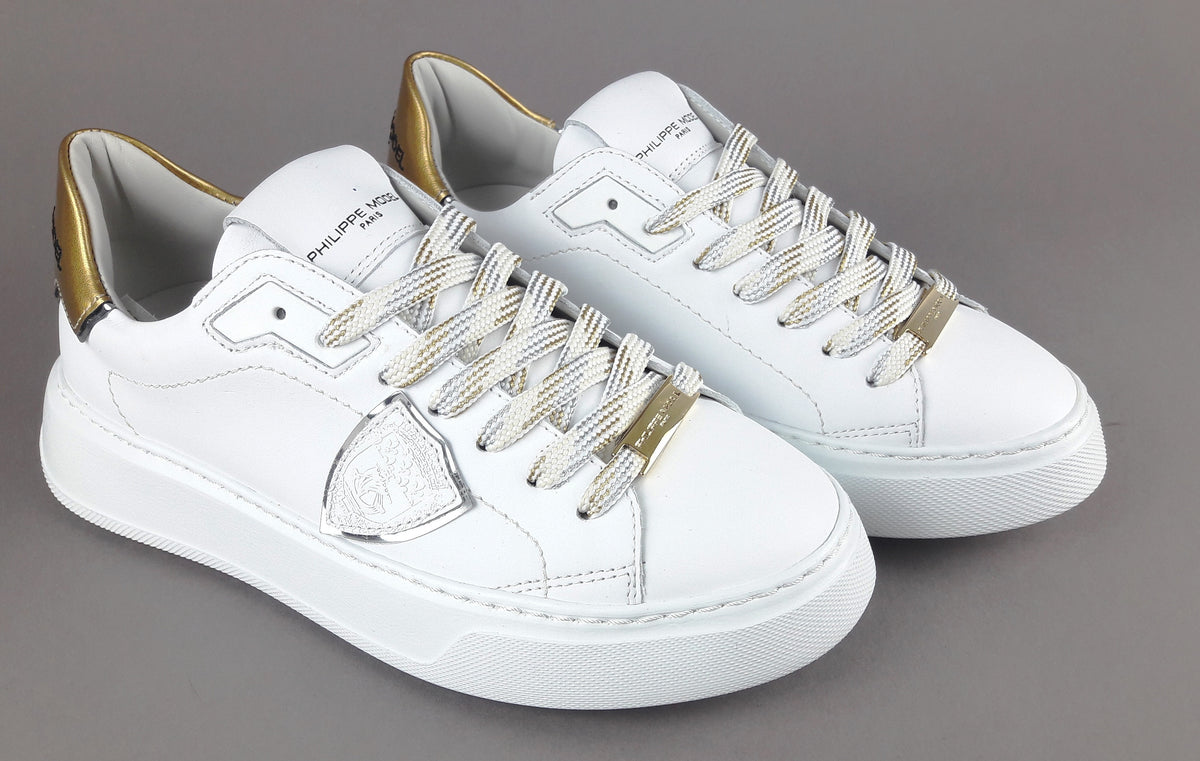 Philippe Model Sneakers Donna New Temple Pelle Bianco Spoiler Vernice Oro