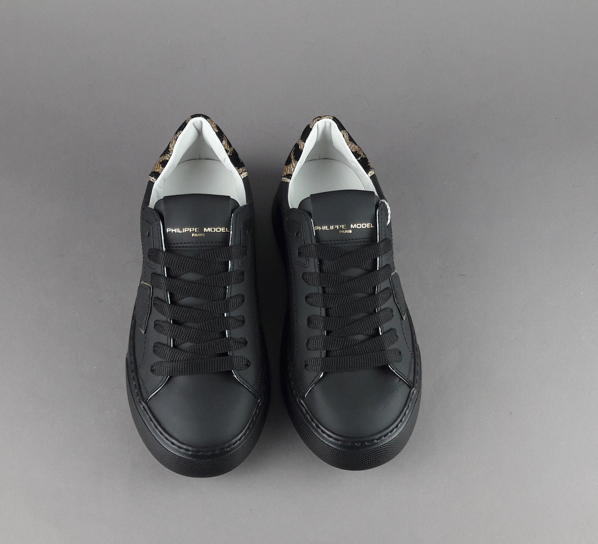 Philippe Model Sneakers Donna New Temple Pelle Nero Spoiler Tessuto Lurex Animalier Oro