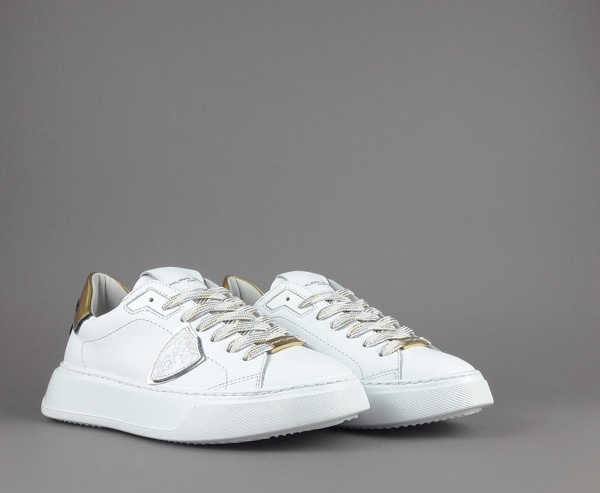 Philippe Model Sneakers Donna New Temple Pelle Bianco Spoiler Vernice Oro