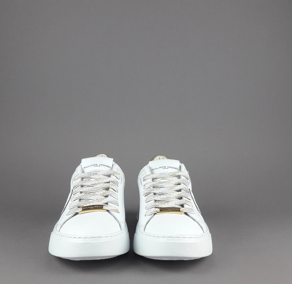Philippe Model Sneakers Donna New Temple Pelle Bianco Spoiler Vernice Oro