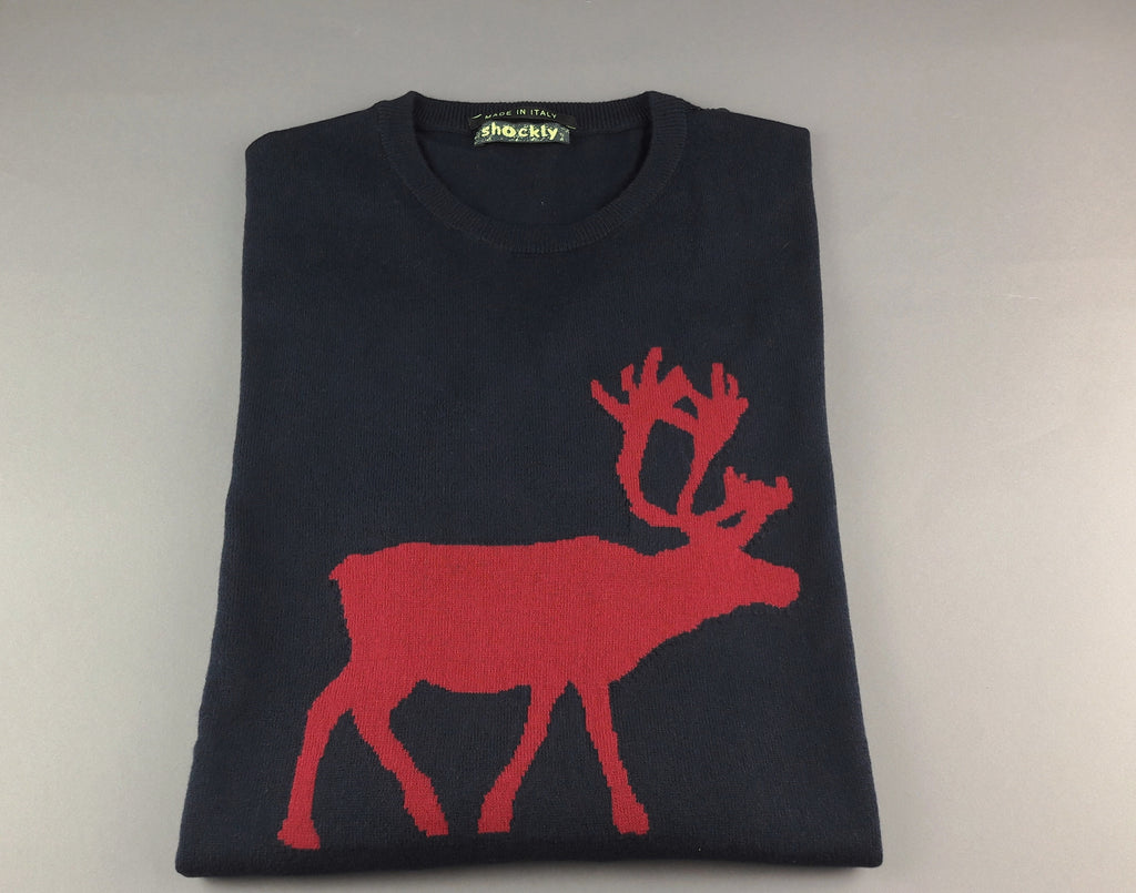 Shockly Maglia Uomo Girocollo Misto Lana/Cachemire Blu Scuro Ricamo Renna
