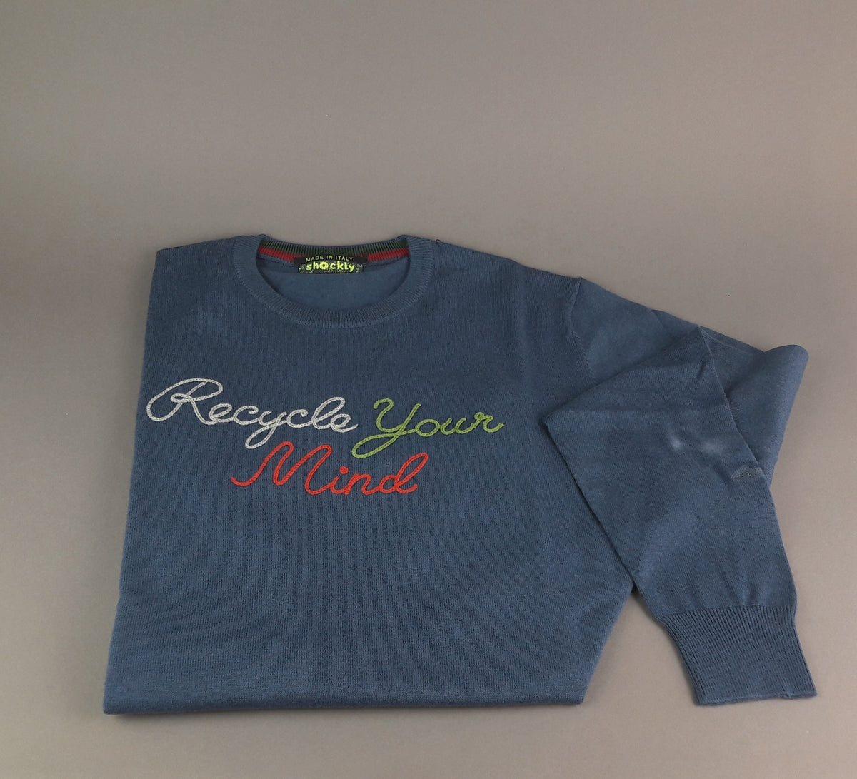 Shockly Maglia Uomo Girocollo Misto Lana/Cachemire Blu Ricamo Recycle