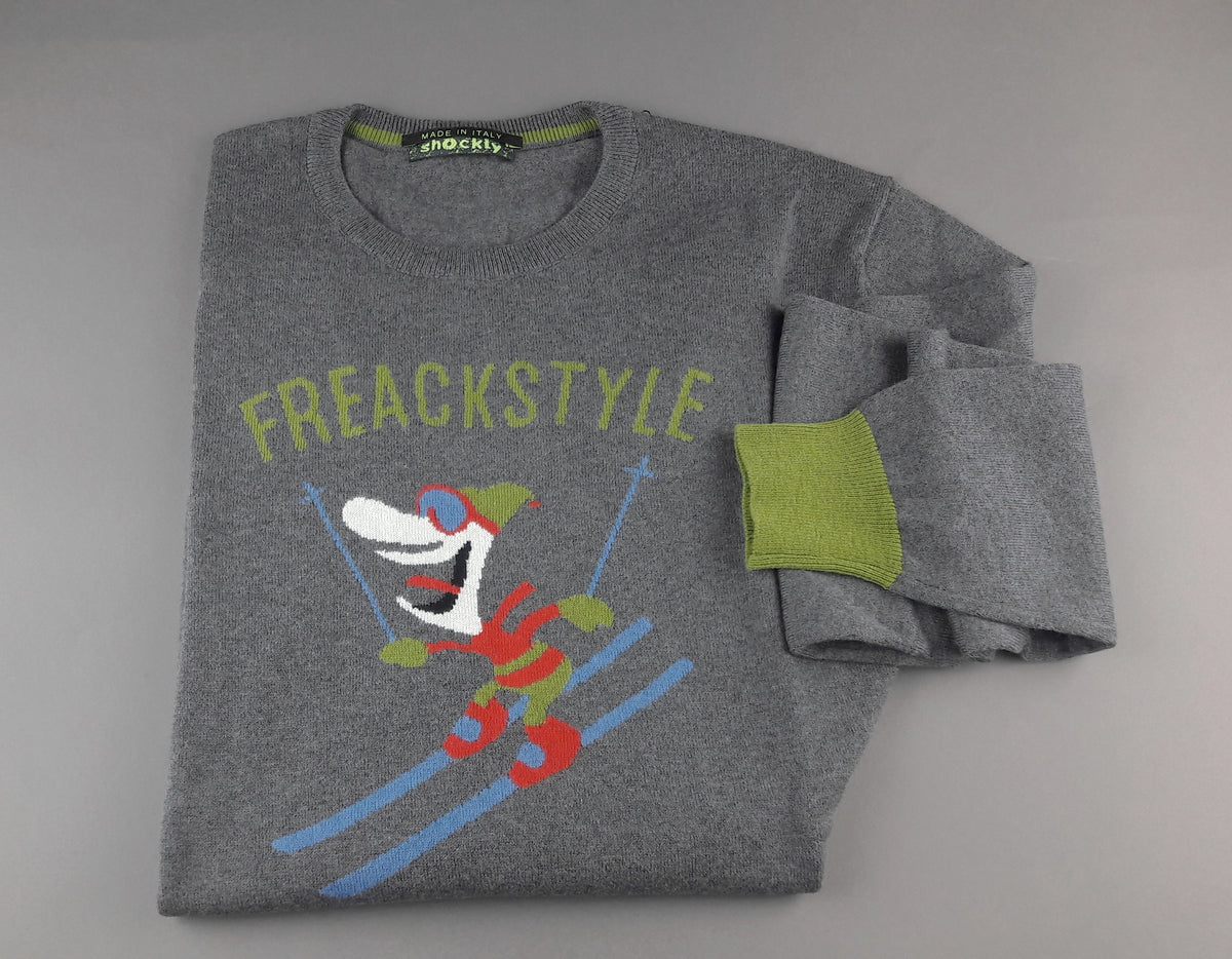 Shockly Maglia Uomo Girocollo Misto Lana/Cachemire Grigio Ricamo Freack